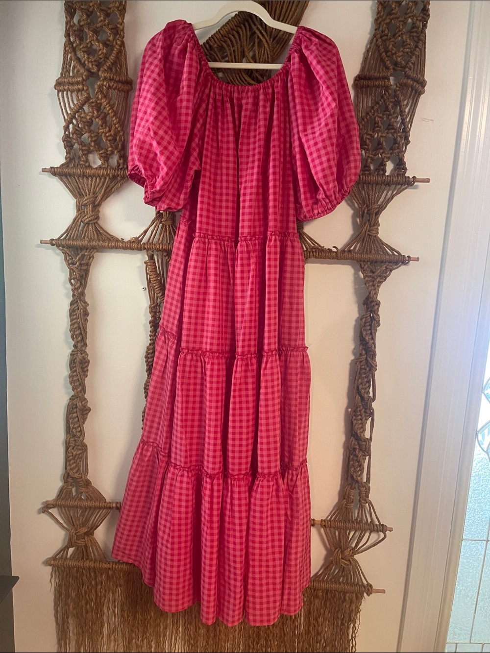Pink Gingham Maxi Dress with Puff Sleeves - Picture 2 of 2